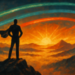 A faceless silhouette with a cape stands confidently atop a mountain peak at sunrise, overlooking a foggy valley. Three glowing lines—green, blue, and red—arc across the sky like cosmic trails.