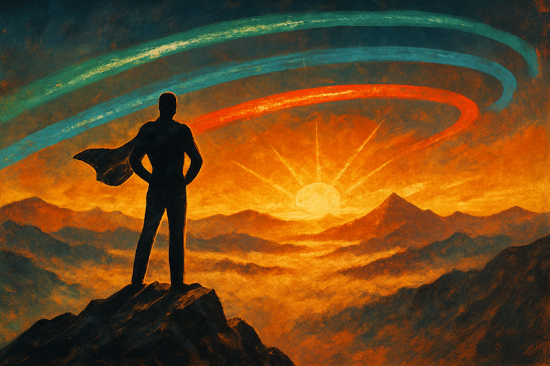 A faceless silhouette with a cape stands confidently atop a mountain peak at sunrise, overlooking a foggy valley. Three glowing lines—green, blue, and red—arc across the sky like cosmic trails.
