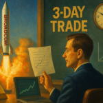 A calm trader watches a Broadcom rocket launch from a control room labeled “3-Day Trade,” with a clock, piggy bank, and rising chart in the background.