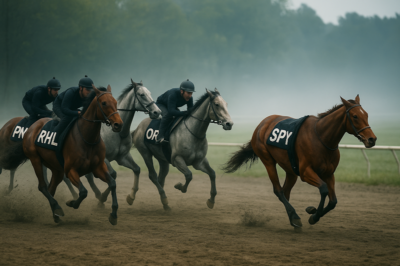 A high-resolution photo of five racehorses sprinting down a misty track, each one labeled with a ticker.