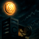 A modern digital illustration showing a glowing USDC coin floating above a sleek, mysterious building with a vault spilling out dollar bills and crypto charts in the sky.