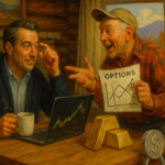 A warm, illustrated cabin scene where a calm trader listens to a neighbor passionately explain a complex chart. A butter churn sits unused in the background, reinforcing the metaphor of trading smarter, not harder.