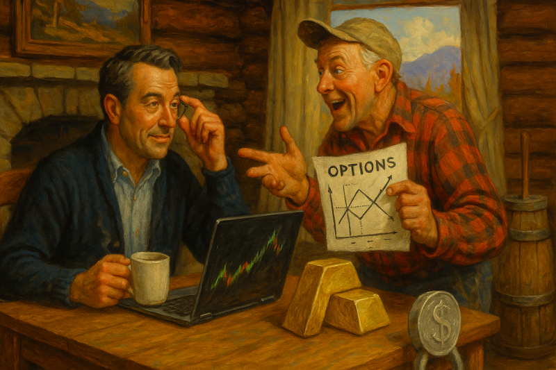 A warm, illustrated cabin scene where a calm trader listens to a neighbor passionately explain a complex chart. A butter churn sits unused in the background, reinforcing the metaphor of trading smarter, not harder.