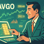 A confident trader reviews glowing options data on a futuristic console while a calm AVGO price chart hovers behind him, symbolizing a well-structured win in a choppy market.
