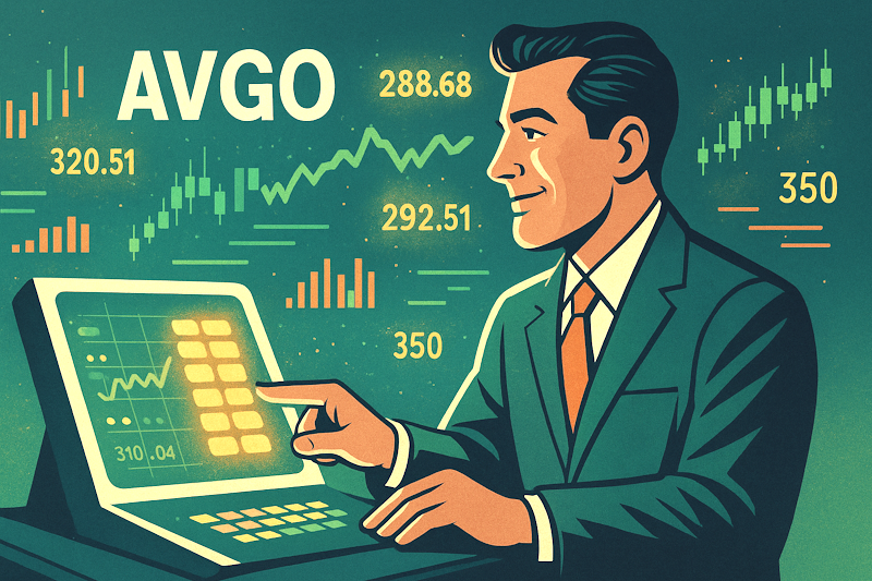 A confident trader reviews glowing options data on a futuristic console while a calm AVGO price chart hovers behind him, symbolizing a well-structured win in a choppy market.
