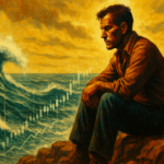 A stylized 1970s movie-poster-inspired image of a lone trader on a cliff, studying ocean waves that echo stock chart patterns, symbolizing focus and perseverance.