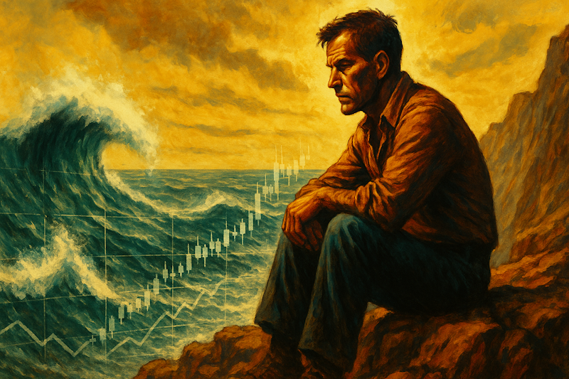 A stylized 1970s movie-poster-inspired image of a lone trader on a cliff, studying ocean waves that echo stock chart patterns, symbolizing focus and perseverance.