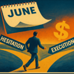 A calendar flips to June as a trader walks along a golden path till he gets to a fork in the road. One branch labeled "Hesitation" and the other "Execution". A golden dollar sign hangs over the "Execution" path.