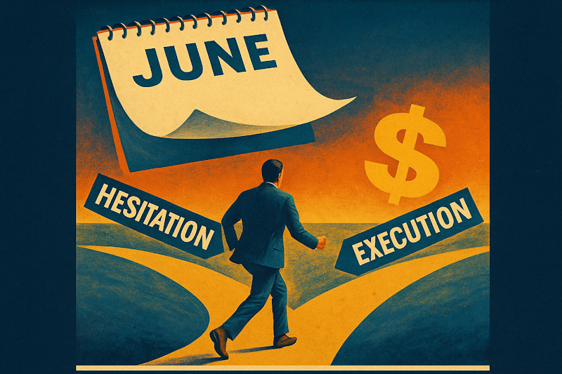 A calendar flips to June as a trader walks along a golden path till he gets to a fork in the road. One branch labeled "Hesitation" and the other "Execution". A golden dollar sign hangs over the "Execution" path.