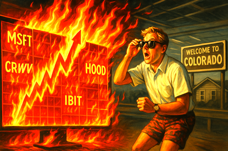 A retro movie-poster-style image showing a red-hot stock market heat map with ticker symbols like MSFT, CRWV, IBIT, and HOOD glowing. A surprised trader stands in front wearing sunglasses and shorts, with a “Welcome to Colorado” sign in the background.