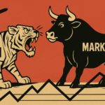 A political-style cartoon showing a paper tiger labeled “Iran” growling at a calm bull labeled “Markets,” standing firm on upward-sloping trendlines. Bombers fly in the background, symbolizing geopolitical tensions, but the market remains unfazed.