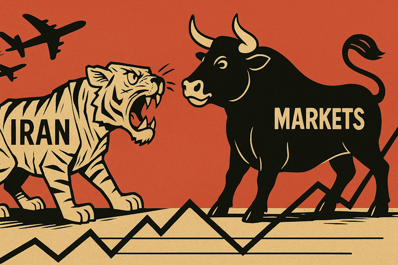A political-style cartoon showing a paper tiger labeled “Iran” growling at a calm bull labeled “Markets,” standing firm on upward-sloping trendlines. Bombers fly in the background, symbolizing geopolitical tensions, but the market remains unfazed.