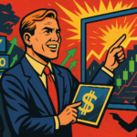 A comic book–style image of a triumphant trader pointing at a breakout chart as tickers like AVGO and NFLX float around behimd him.