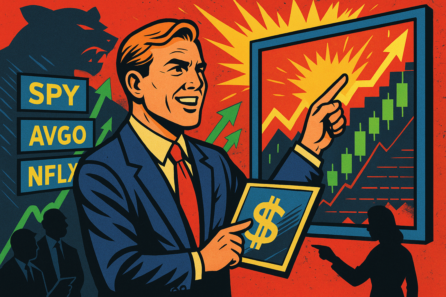 A comic book–style image of a triumphant trader pointing at a breakout chart as tickers like AVGO and NFLX float around behimd him.