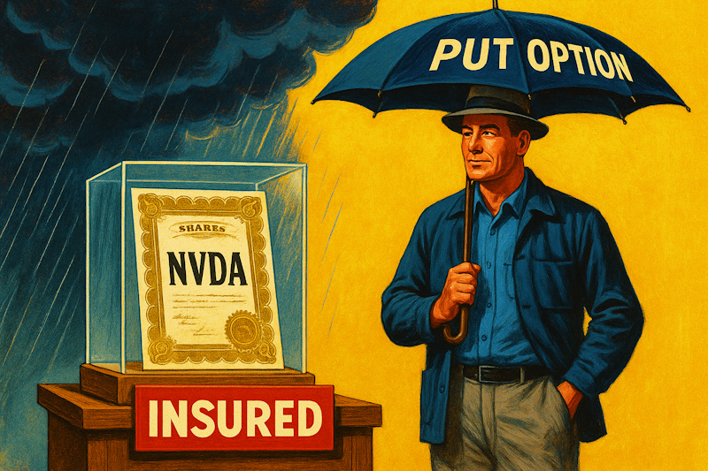 A vintage-style illustration of a stock certificate labeled NVDA protected under glass with a sign reading “Insured.” A trader stands beside it with an umbrella marked “Put Option” as storm clouds gather in the distance — symbolizing Jack’s married put protection strategy.