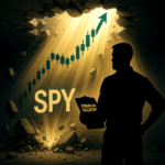 A trader in silhouette stands in a cave. A bullish SPY chart in the background breaks through the ceiling.