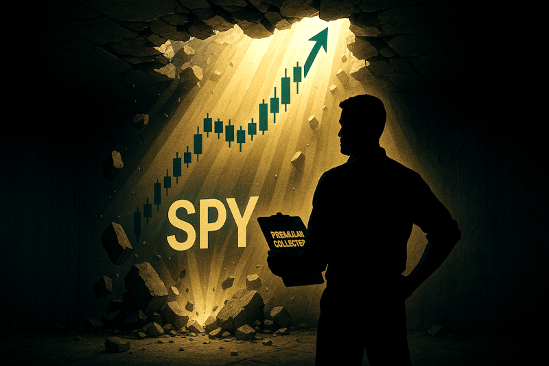 A trader in silhouette stands in a cave. A bullish SPY chart in the background breaks through the ceiling.