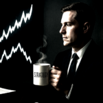 Dramatic, high-contrast image of a trader sitting at a desk with a mug lableed "STRATEGY" while one sharply trending chart rises in the background and another falls.