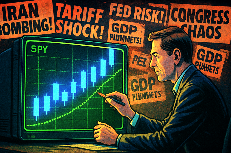 A retro-styled stock chart shows the SPY with several bright blue candles climbing above a green trendline, signaling strong momentum. Behind the chart, faded news headlines flash warnings, but a calm trader focuses on the chart structure — reinforcing the message to ignore headlines and follow price action.