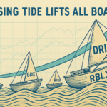 A stylized woodcut shows a rising tide lifting several boats, each labeled with a different trending ticker.