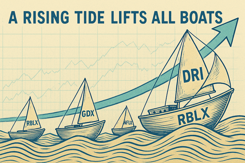 A stylized woodcut shows a rising tide lifting several boats, each labeled with a different trending ticker.
