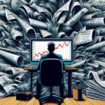 A trader calmly watches a structured price chart on their screen as wild, chaotic newspaper headlines swirl above them in a storm, drawn in a surreal cartoon style to represent market noise versus clarity.