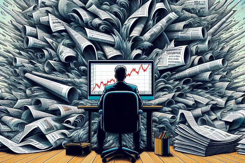 A trader calmly watches a structured price chart on their screen as wild, chaotic newspaper headlines swirl above them in a storm, drawn in a surreal cartoon style to represent market noise versus clarity.
