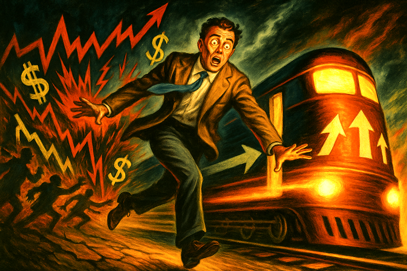 A trader with a scared look on his face runs alongside a speeding train.