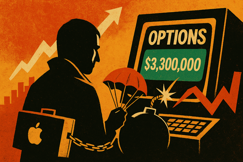 Shadowy trader placing a $3.3 million order on a vintage terminal as a stock chart rockets upward — in the style of a 1970s Saul Bass poster.