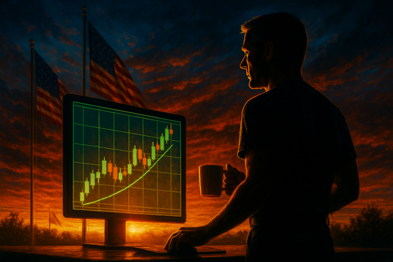 A determined trader stands at his desk before sunrise, silhouetted by his glowing trading screen. American flags wave faintly in the background. The image symbolizes independence, discipline, and the hard work it takes to become a self-reliant trader.