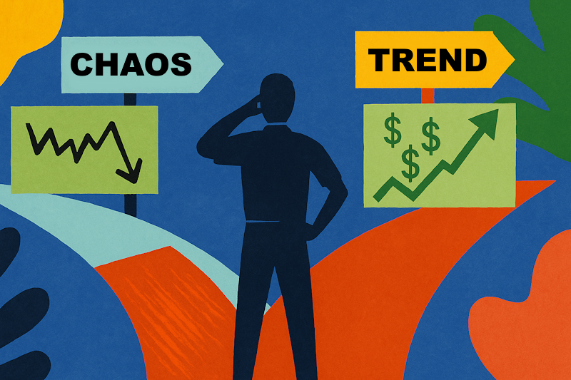A colorful collage-style image of a trader choosing between a flatlining chart on the left labeled CHAOS and a rising stock on the right labeled TREND.