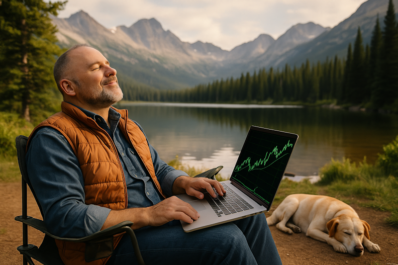 A middle-aged, bald, bearded trader relaxes in a camp chair by a serene Colorado mountain lake, eyes closed and smiling with satisfaction. He has a laptop open on his lap displaying a calm upward-trending stock chart. A yellow lab sleeps peacefully at his feet. The scene conveys peace of mind and financial confidence amidst natural beauty.