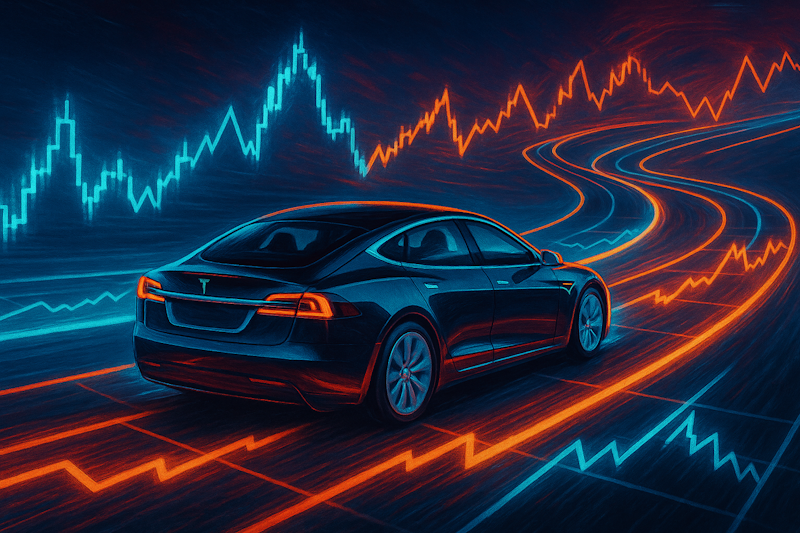 A stylized, high-contrast digital painting of a Tesla Model S racing along a neon-lit track shaped like a fluctuating stock chart, symbolizing Tesla's high volatility and trading opportunity.