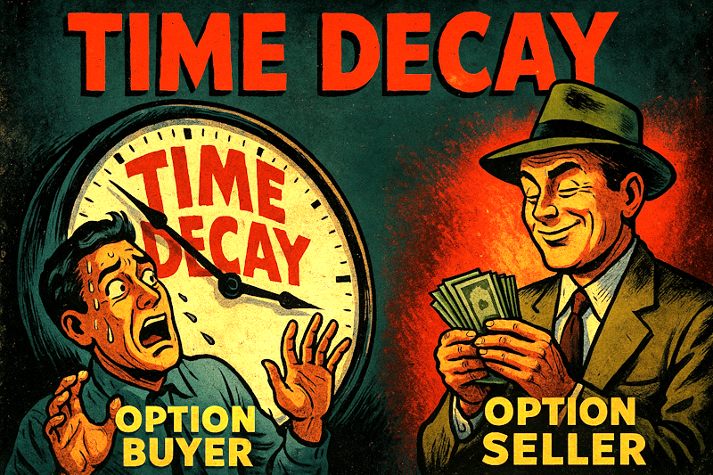 Vintage horror-style illustration of a scared option buyer in front of a giant ticking clock labeled “Time Decay,” while a calm seller counts cash nearby — highlighting the dangers of buying and the advantage of selling options.