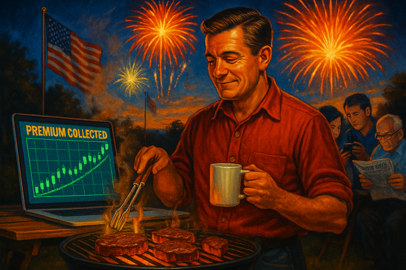 A relaxed trader grills outdoors on the Fourth of July while checking a stock chart on a laptop showing “Premium Collected.” Fireworks explode in the sky as other people in the background stress over news headlines. The image conveys financial freedom, calm, and the independence of high-probability income trading.