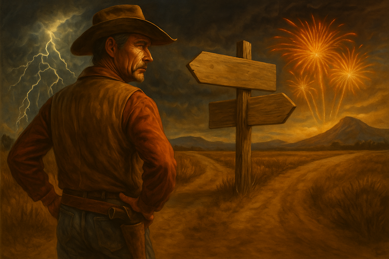 A dramatic scene shows an options trader standing at a fork in the road in the style of a country western movie.