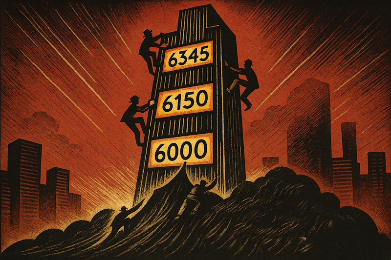 Stylized poster showing a skyscraper-shaped stock chart with floors at 6345, 6150, and 6000. Traders cling to the levels as program selling pushes from below, illustrating key market support levels.