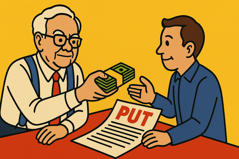 Cartoon-style illustration of Warren Buffett handing cash across a table with a large options contract labeled ‘PUT,’ symbolizing Buffett selling puts and sharing the strategy with everyday traders.