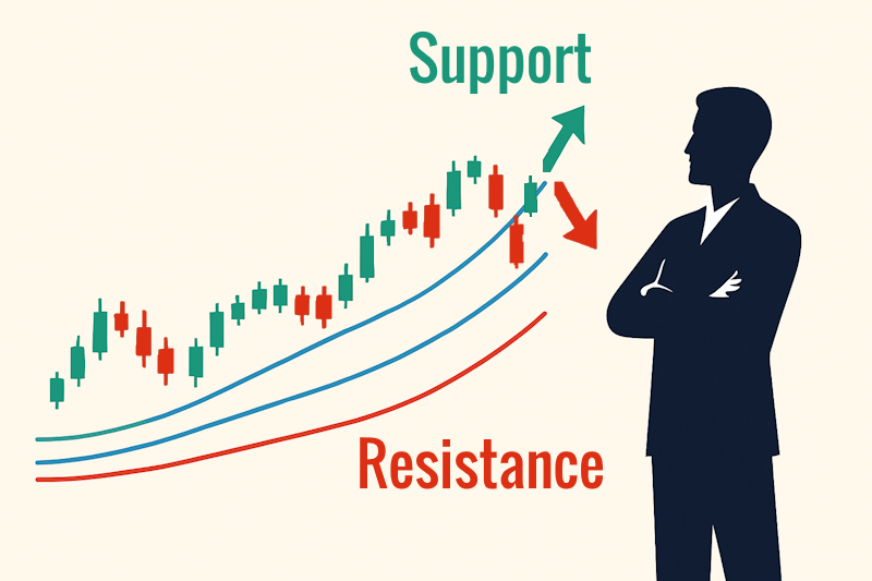 Illustration of a trader in silhouetter watching a rising stock chart with rising trendlines... near the end of the chart, the price falters, dipping below support. after which we see arrows going up and down with "SUPPORT" and "RESISTANCE" as possibilities.
