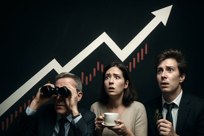 An upward-sloping chart dominates the frame while hesitant traders clutch tea leaves and binoculars, symbolizing missed opportunity.