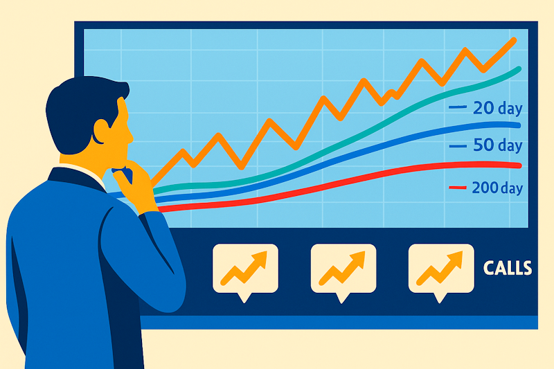 A trader looks at a stock chart with glowing green, blue, and red EMA lines sloping upward in alignment, representing a bullish trend confirmed by smart money call volume.
