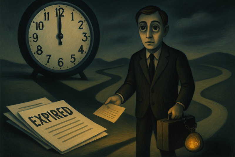 giant clock striking midnight over options contracts labeled ‘EXPIRED,’ with a trader choosing between assignment and cash premium paths — symbolizing options expiration outcomes