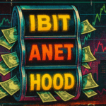 1980s magazine–style collage with IBIT, ANET, and HOOD tickers glowing like slot machine reels spitting out dollar bills, symbolizing premium income from option selling.