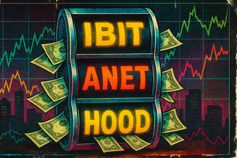 1980s magazine–style collage with IBIT, ANET, and HOOD tickers glowing like slot machine reels spitting out dollar bills, symbolizing premium income from option selling.