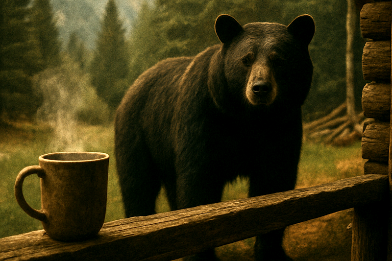 A 1970s-style National Geographic photograph of a black bear standing near a mountain cabin porch with a steaming coffee mug in the foreground, symbolizing how traders should stay calm when facing “bears” in the market.