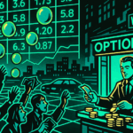 Illustration of a trader calmly selling options contracts from a glowing booth, collecting coins, while buyers scramble with empty wallets under giant inflated premium bubbles.
