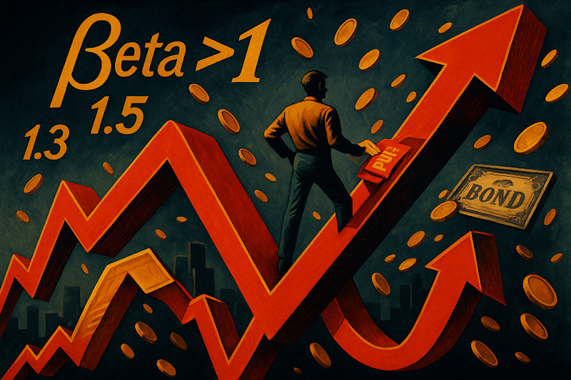 Stylized illustration of a trader navigating a volatile market, with bold arrows and floating 'beta > 1' symbols representing stock volatility and options income.