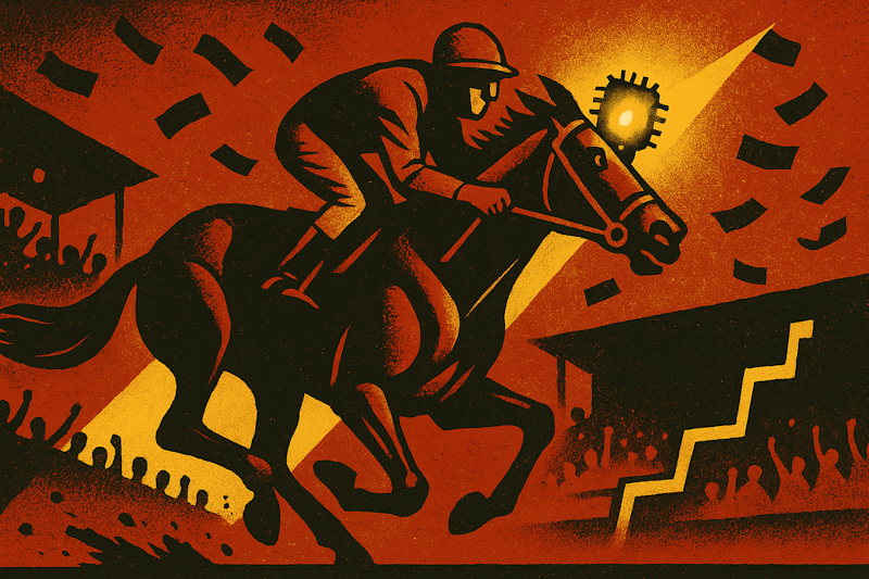 Stylized illustration of a jockey riding a horse on a racetrack with crowds all around and betting slips falling all around.