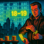 illustration of a city skyline with a neon options chain projected overhead, “expected move” highlighted, while a calm trader collects cash, showing the advantage of selling options over buying them.