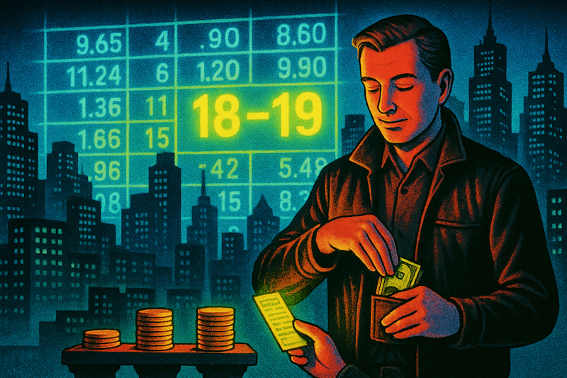 illustration of a city skyline with a neon options chain projected overhead, “expected move” highlighted, while a calm trader collects cash, showing the advantage of selling options over buying them.
